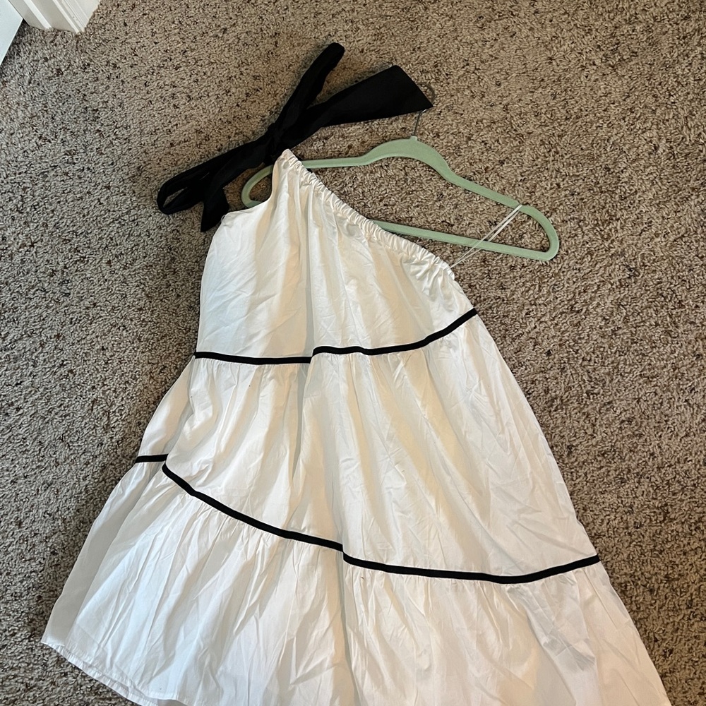 Pants Store One-Shoulder White Dress with Black Trim
